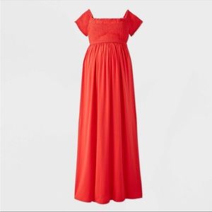 Coral Red Off Shoulder Maternity Maxi Dress